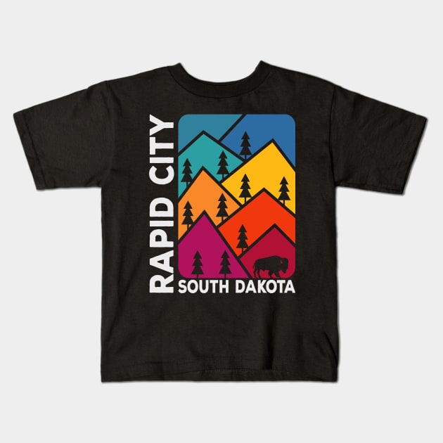 Rapid City South Dakota Vintage Mountains Bison Kids T-Shirt by SouthDakotaGifts